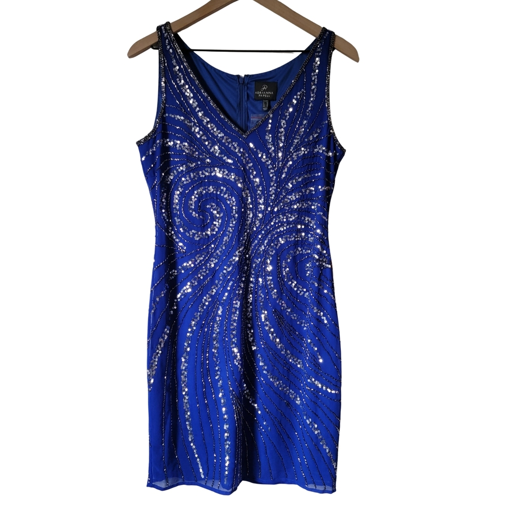 Adrianna Papell Women's Sleeveless Sequin Swirl V-Neck Mini Cocktail Dress Sz 8